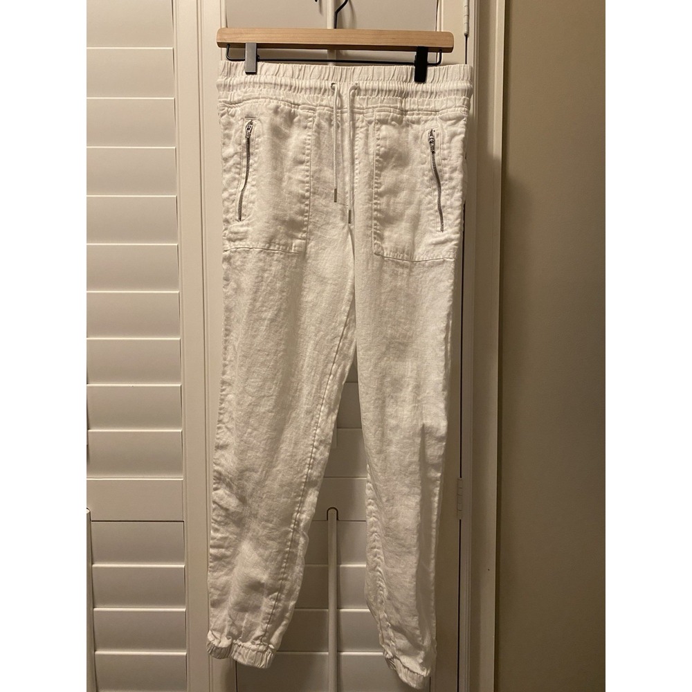Athleta Cabo Linen Jogger Pants Womens White Drawstring Zip Pocket Casual Size 4